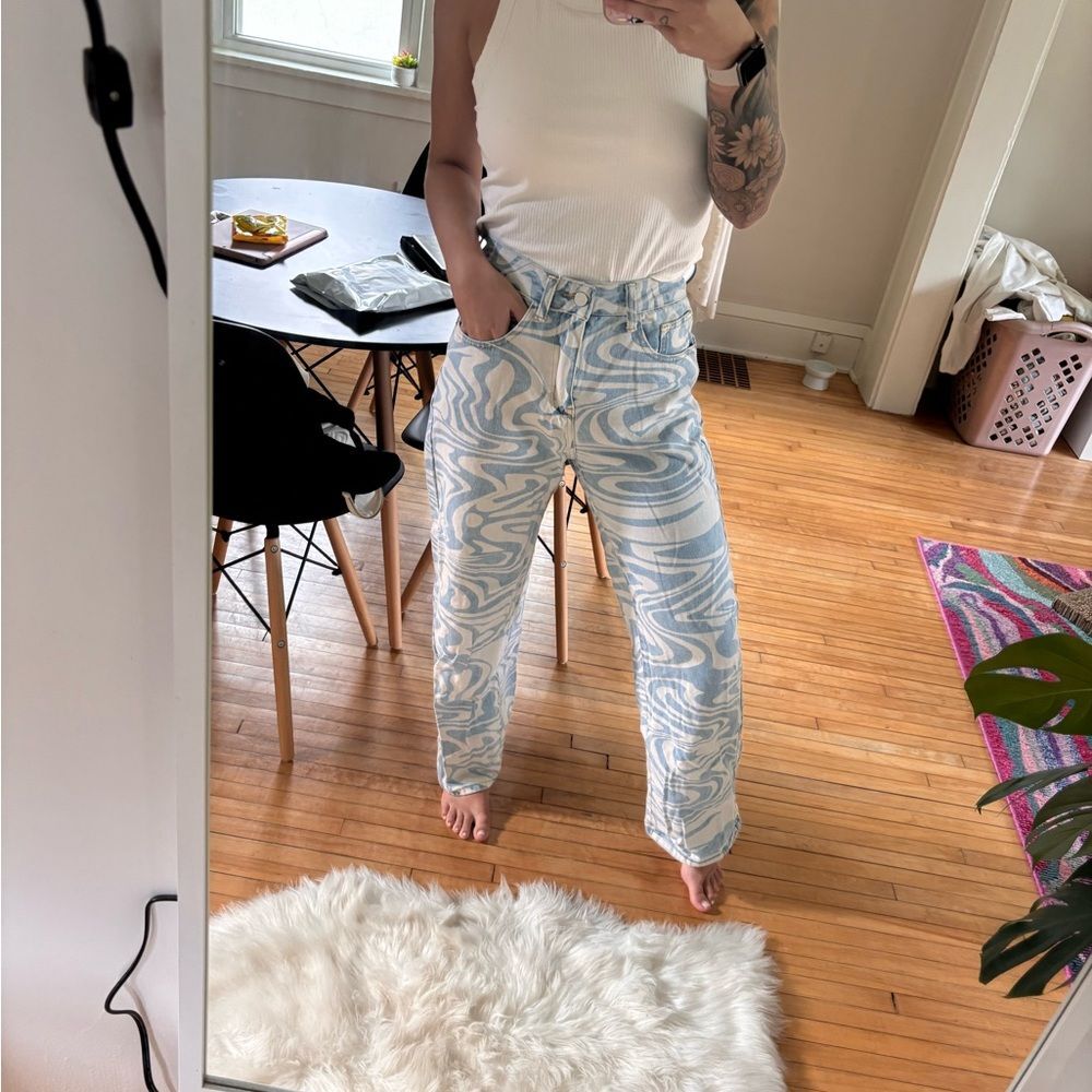 SHEIN Blue and White Swirl Flare Jeans